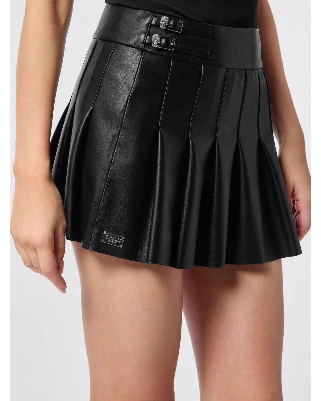 Philipp Plein Black Pleated Nappa Leather Mini Skirt With Side Zip Closure