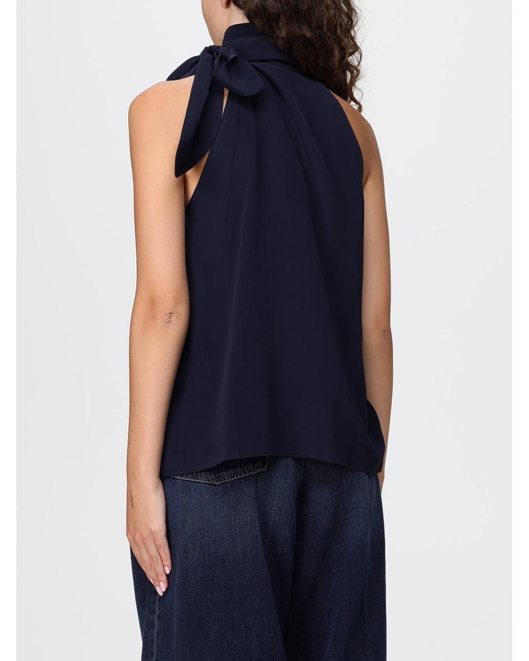 Blusa De Seda Plisada Con Cuello De Lazo Y Hombros Descubiertos Max Mara de color Blue