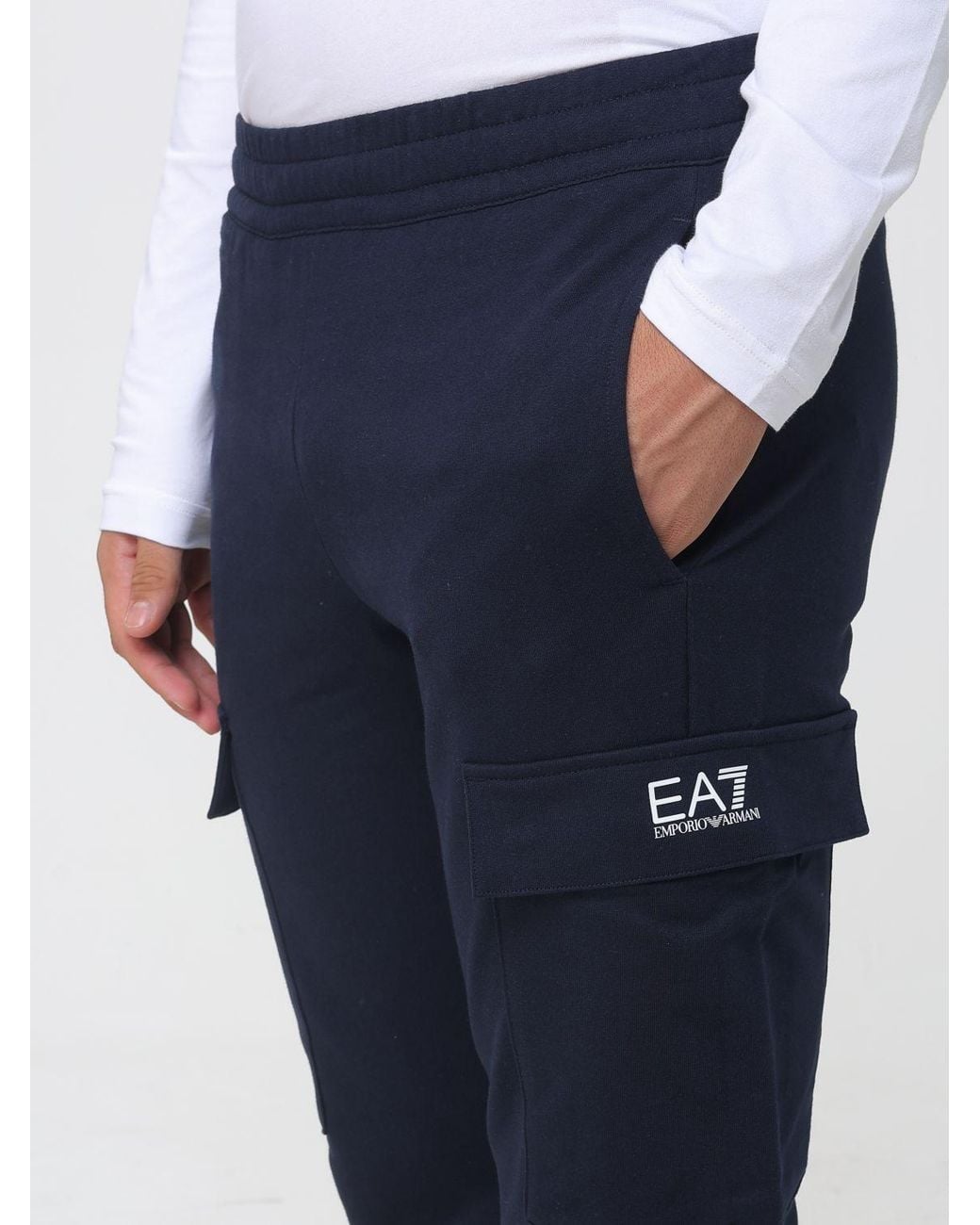EA7 Blue Cotton Jersey Cargo Jogging Trousers With Contrast Logo for men