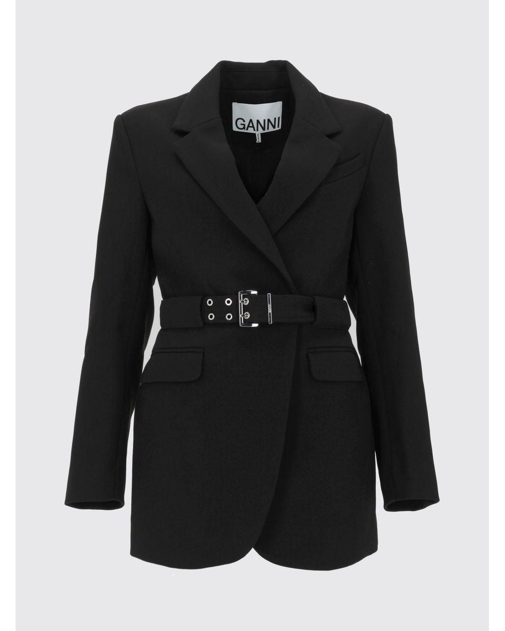 Ganni Black Single-Breasted Cropped Polyester Blazer With Waist Belt