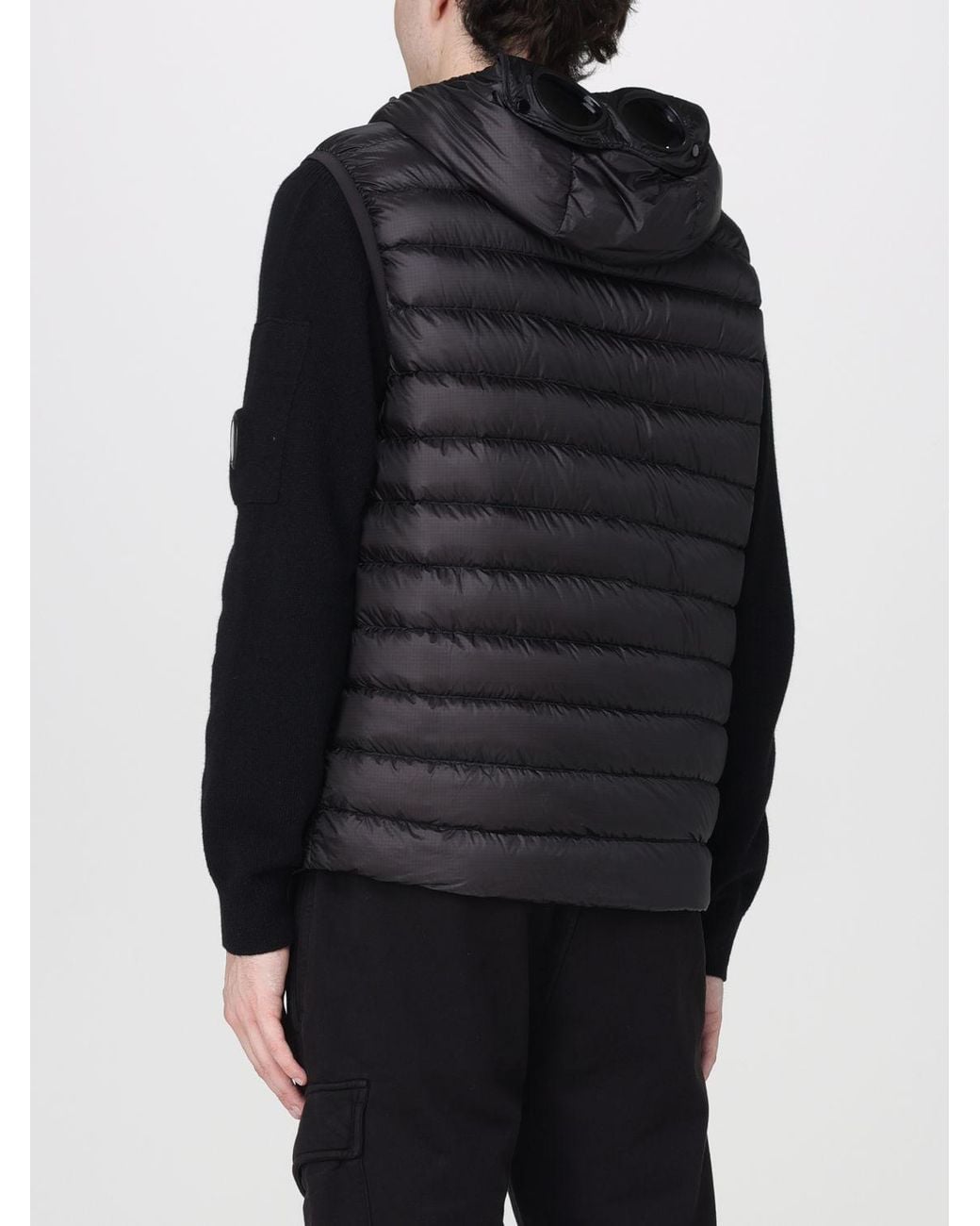 C P Company Black Quilted Nylon Padded Gilet With Hood And Iconic Goggle Lenses for men