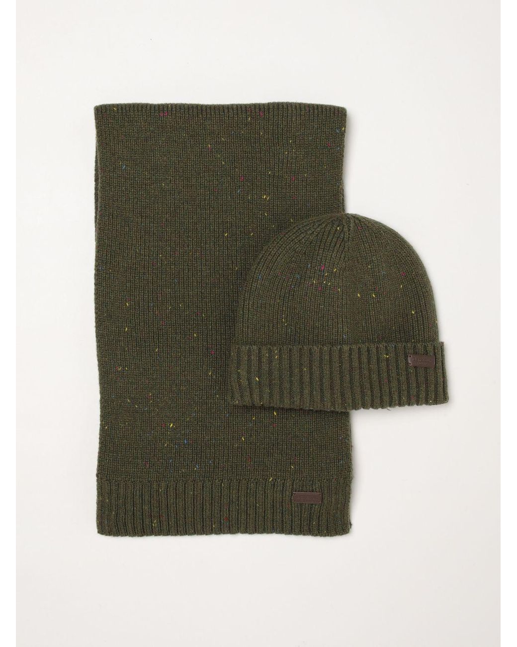 Barbour Green Wool Blend Beanie Hat And Scarf Gift Set With Applied Logo for men