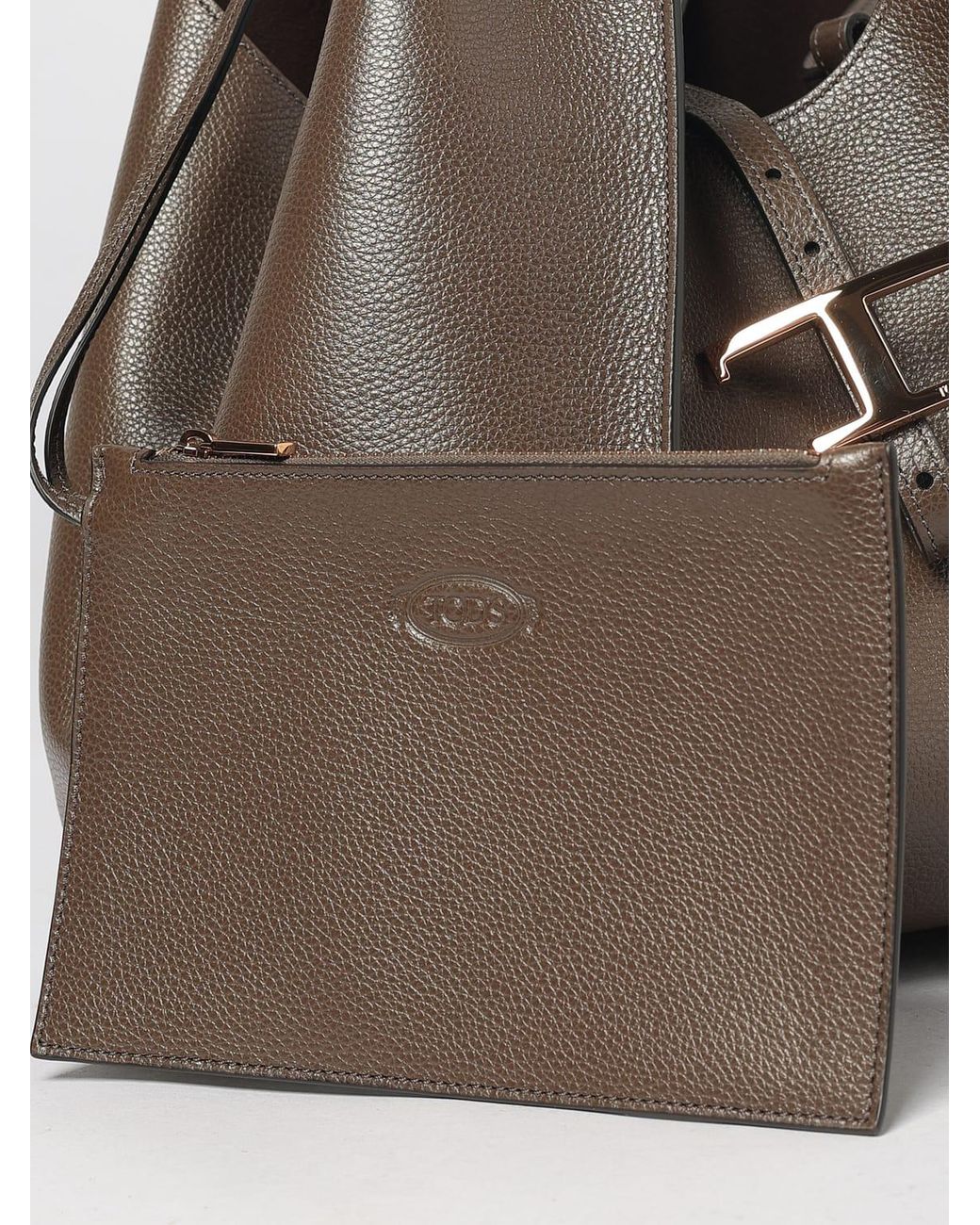 Tod's Brown T Timeless Grained Calfskin Shoulder Bag With Double Handle