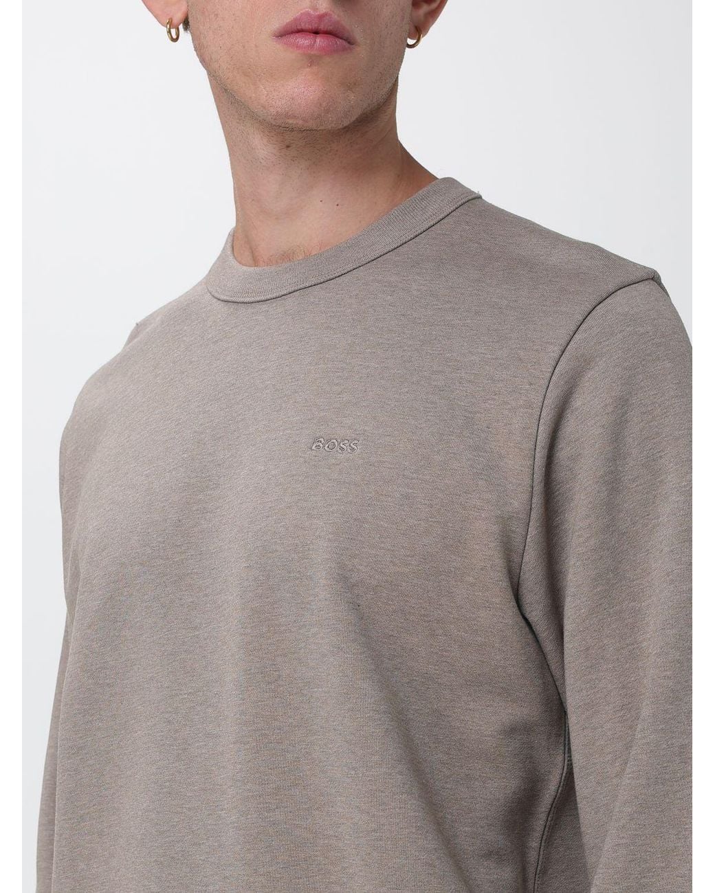 Boss Gray Embroidered Logo Cotton Crewneck Sweatshirt for men