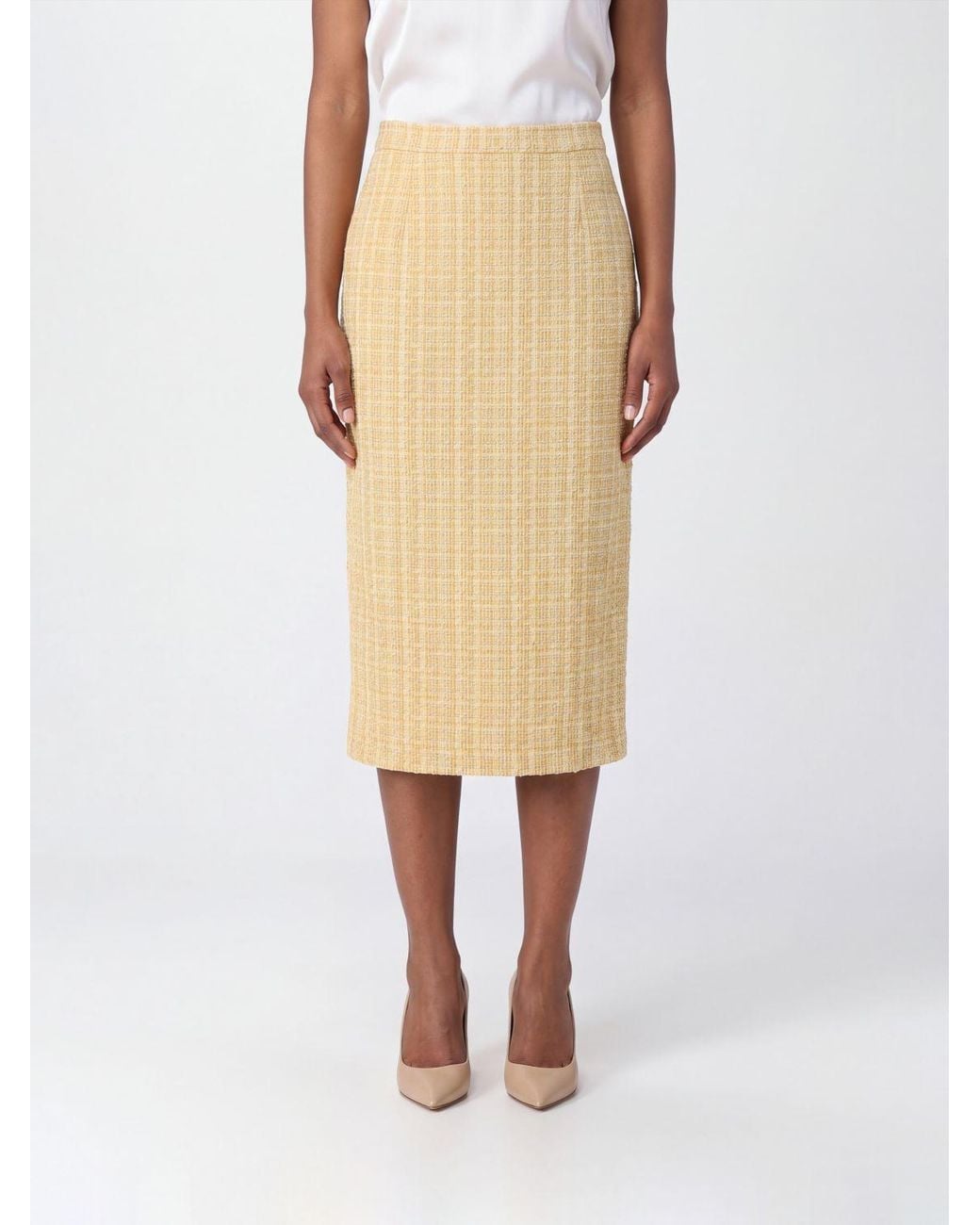 Alessandra Rich Natural High-Waisted Tweed Midi Pencil Skirt With Side Slit
