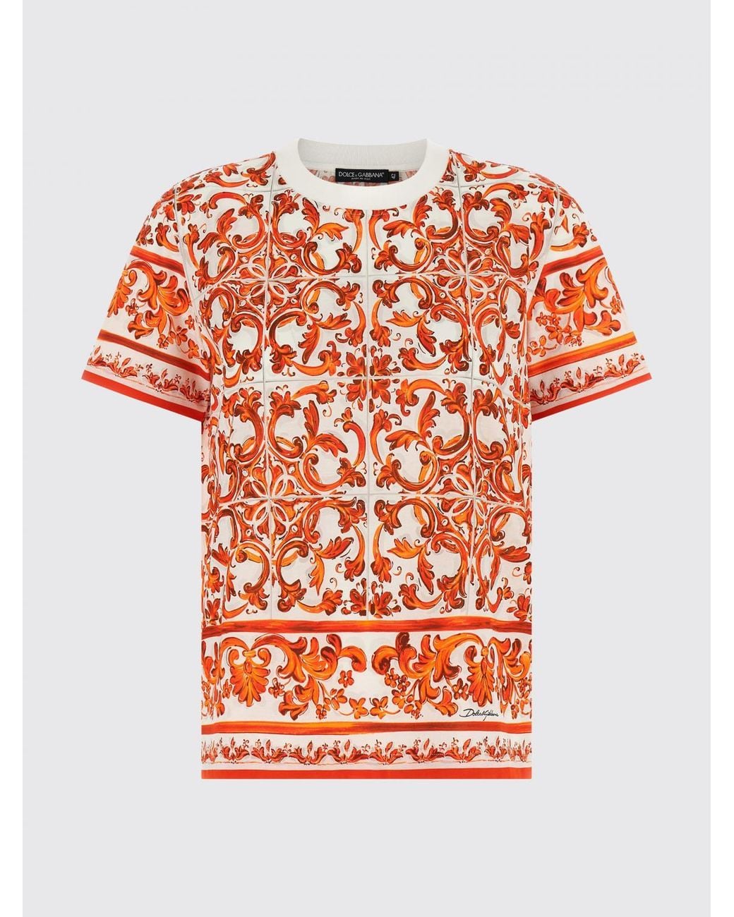Dolce & Gabbana Orange Dolce &Amp Gabbana Majolica Print Cotton T-Shirt With Contrast Logo