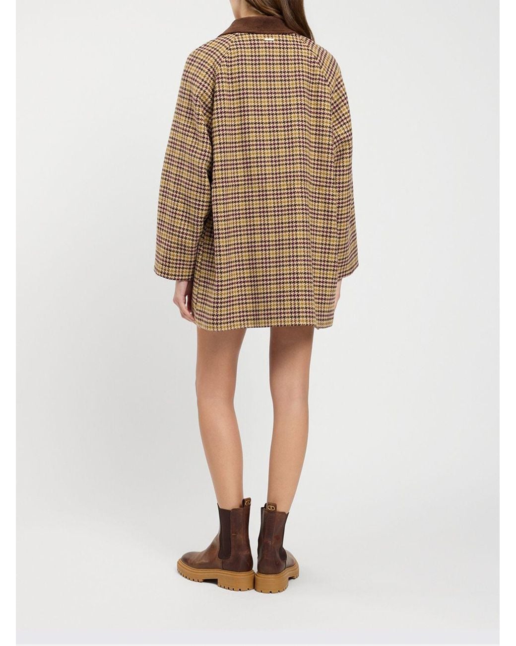 Twinset Natural Single-Breasted Short Houndstooth Wool Blend Coat With Velvet Collar