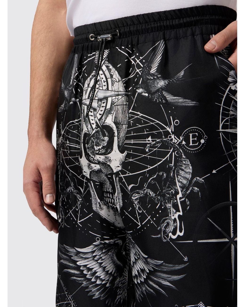Philipp Plein Black Silk Jogging Shorts With Graphic Print And Drawstring for men