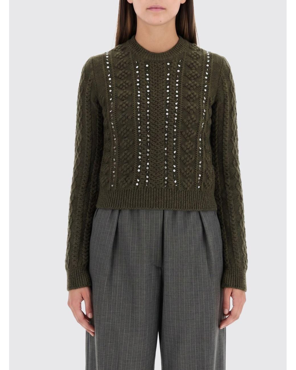 Jil Sander Green Slim Fit Wool Jumper With Metal Eyelets And Rhinestones