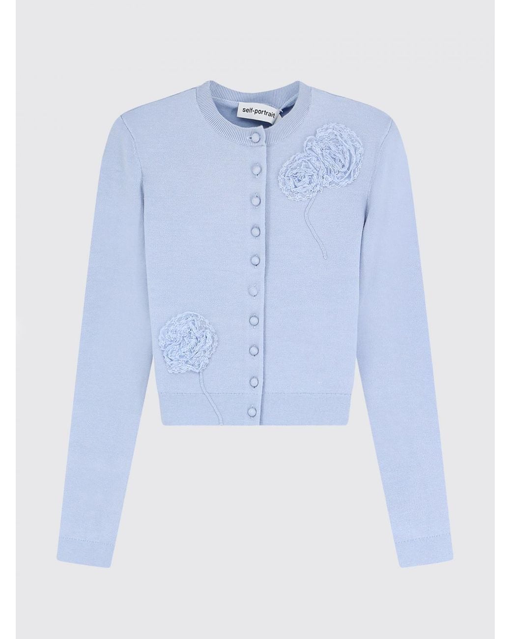 Self-Portrait Blue Slim Fit Wool Blend Cardigan With Flower Appliqué