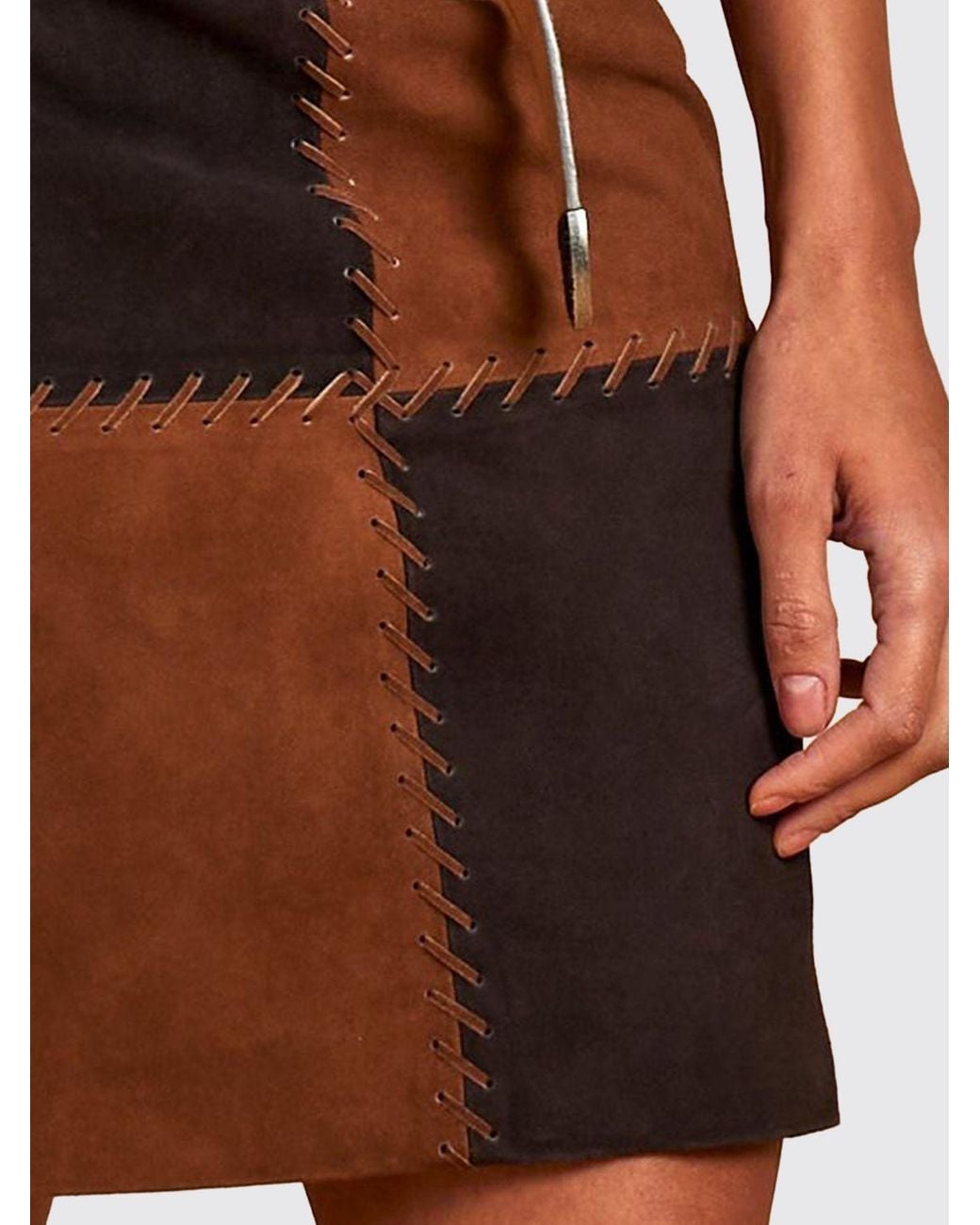 La Martina Brown High-Waisted Check Suede Leather Pencil Midi Skirt