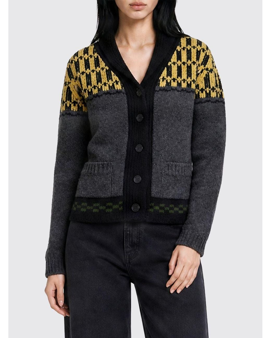 Marni Black Check Pattern Wool Cardigan With Shawl Collar