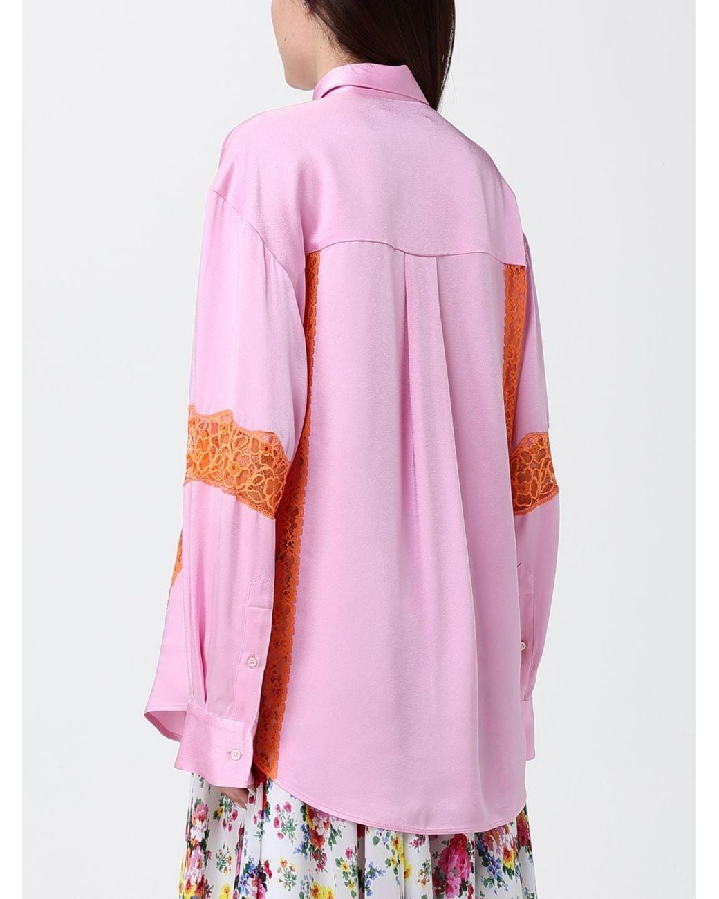 MSGM Pink Relaxed Fit Satin Shirt With Lace Inserts And Dropped Shoulders
