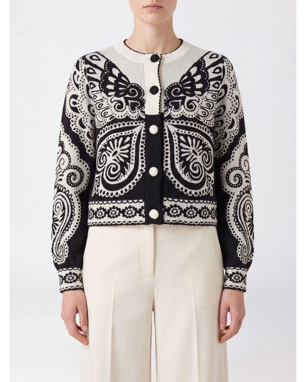 Farm Rio White Abstract Jacquard Knit Crewneck Cardigan With Button Closure