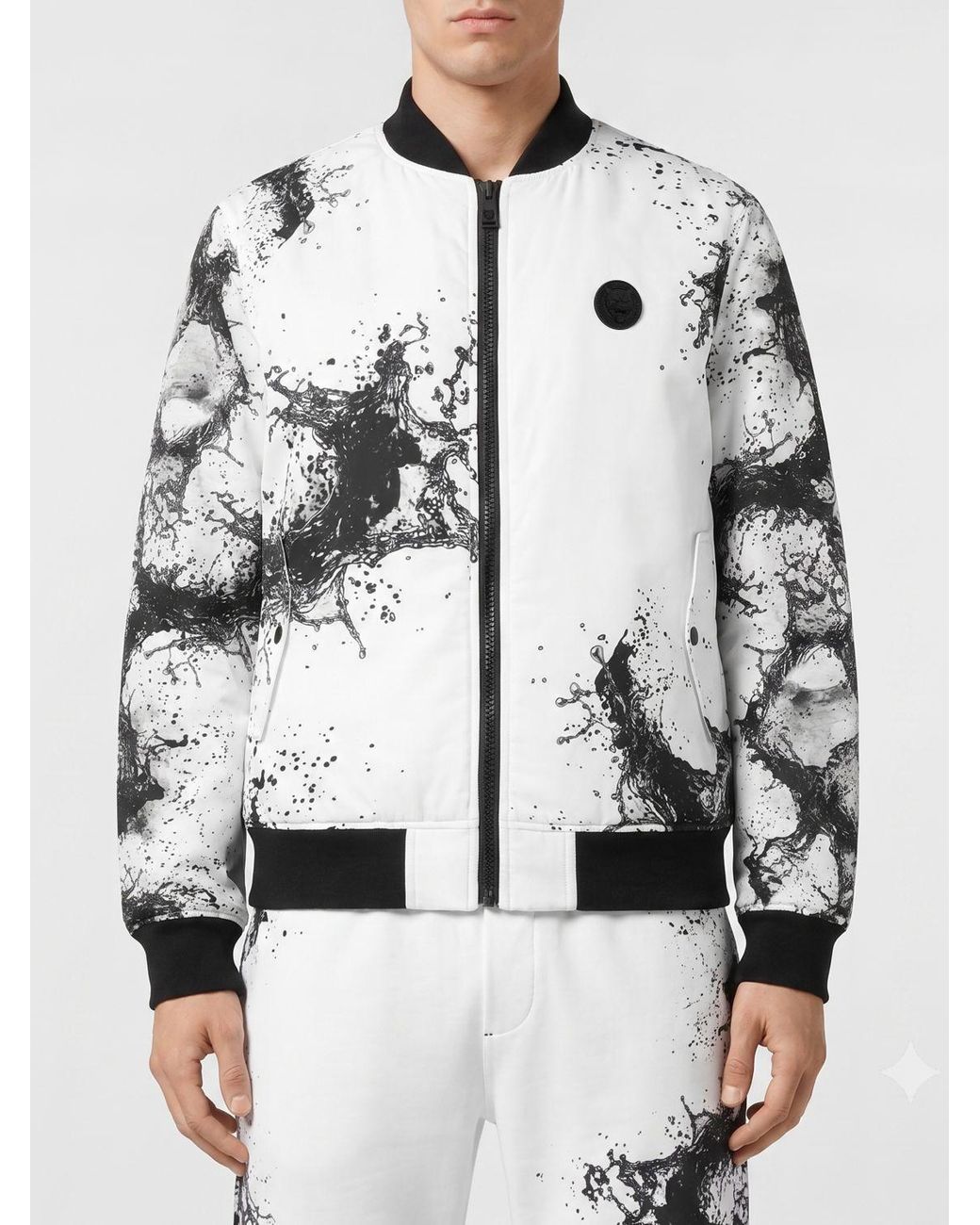 Philipp Plein Gray Splash Abstract Print Technical Fabric Bomber Jacket With Contrast Logo for men
