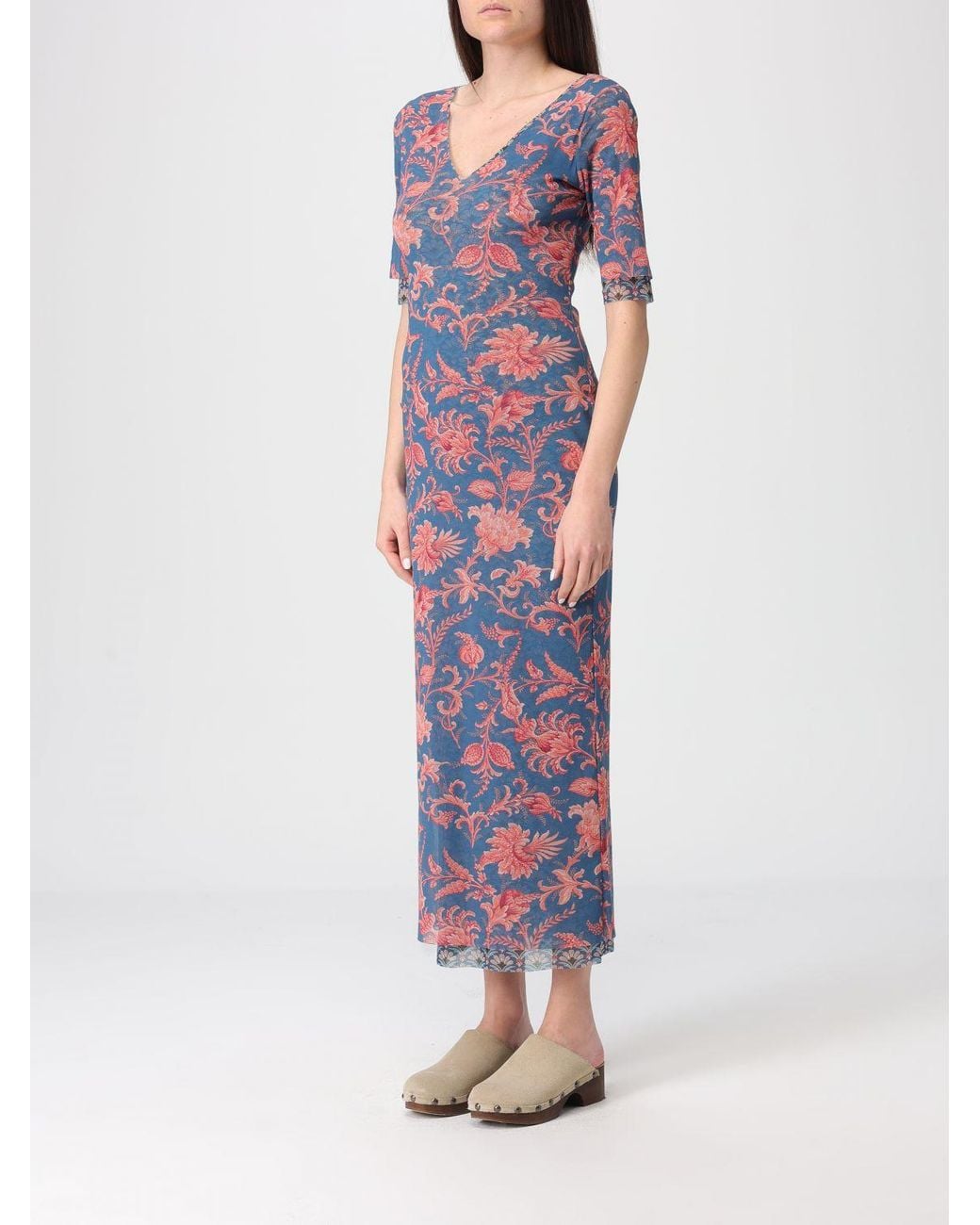 Etro Blue Printed Stretch Tulle Midi Dress