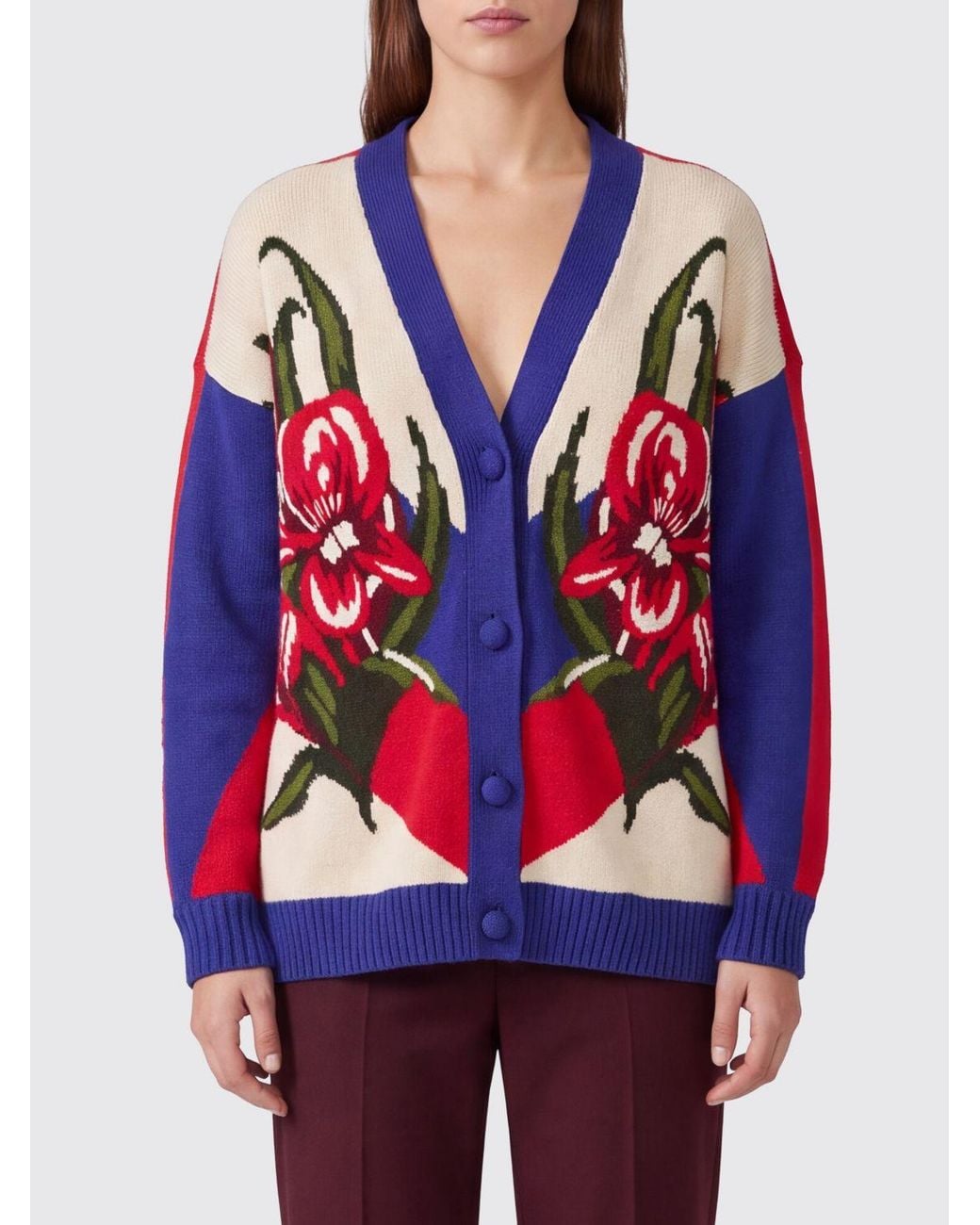 Farm Rio Red Floral Print Wool Blend Cardigan With Dropped Shoulders