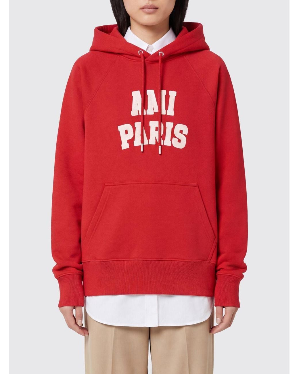 AMI Red Relaxed Fit Cotton Hoodie With Printed Logo