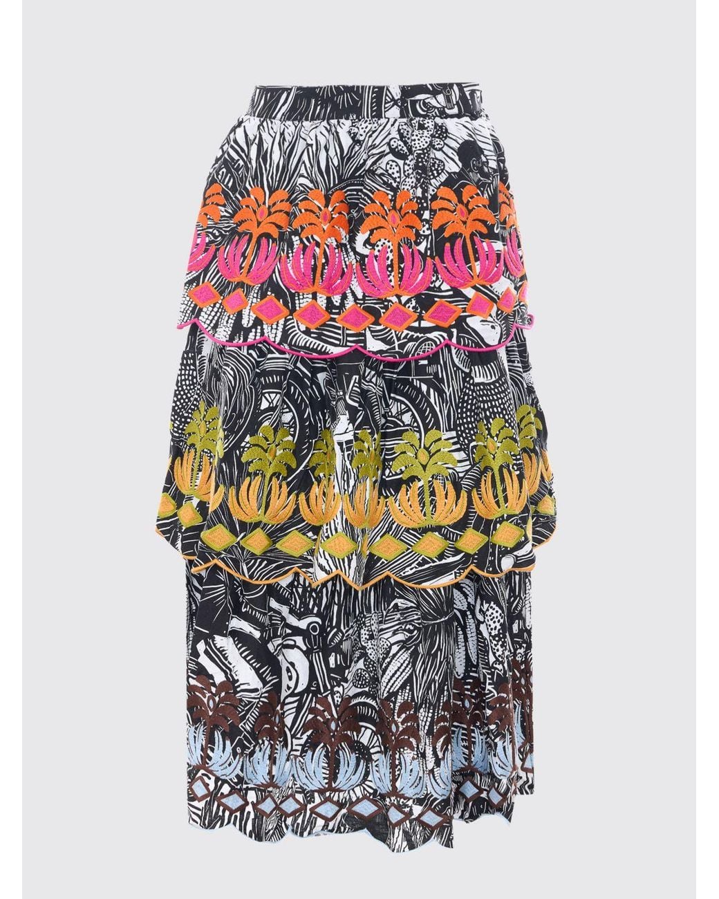 Farm Rio Multicolor High-Waist Tropical Print Embroidered Cotton Midi Skirt