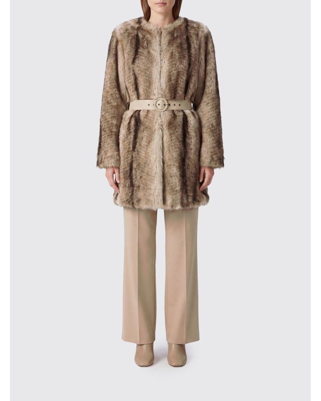 Twinset Natural Crewneck Abstract Pattern Faux Fur Coat With Belt