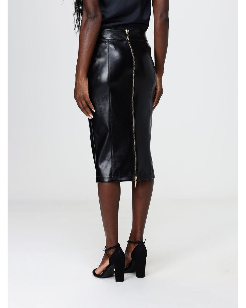 Hanita Black High-Waisted Smooth Faux Leather Midi Pencil Skirt
