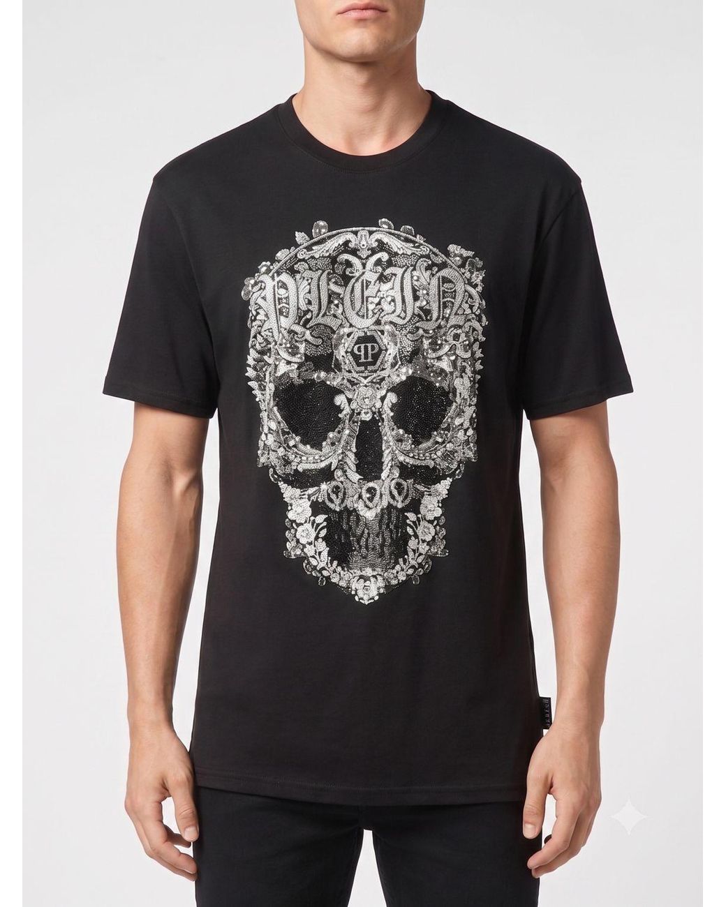 Philipp Plein Black Cotton T-Shirt With Skull Print And Applied Crystals for men
