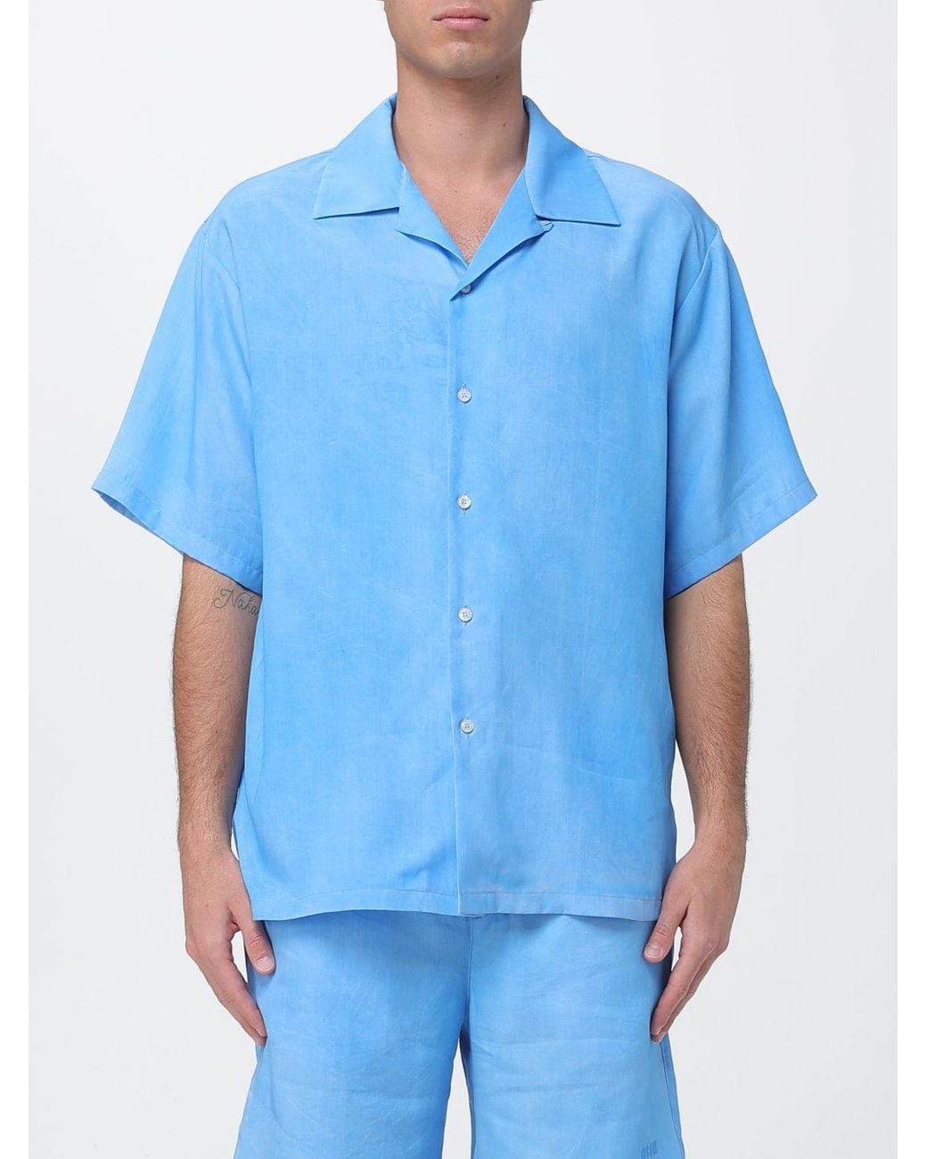 MSGM Blue Short-Sleeved Lyocell Shirt With Cuban Collar for men