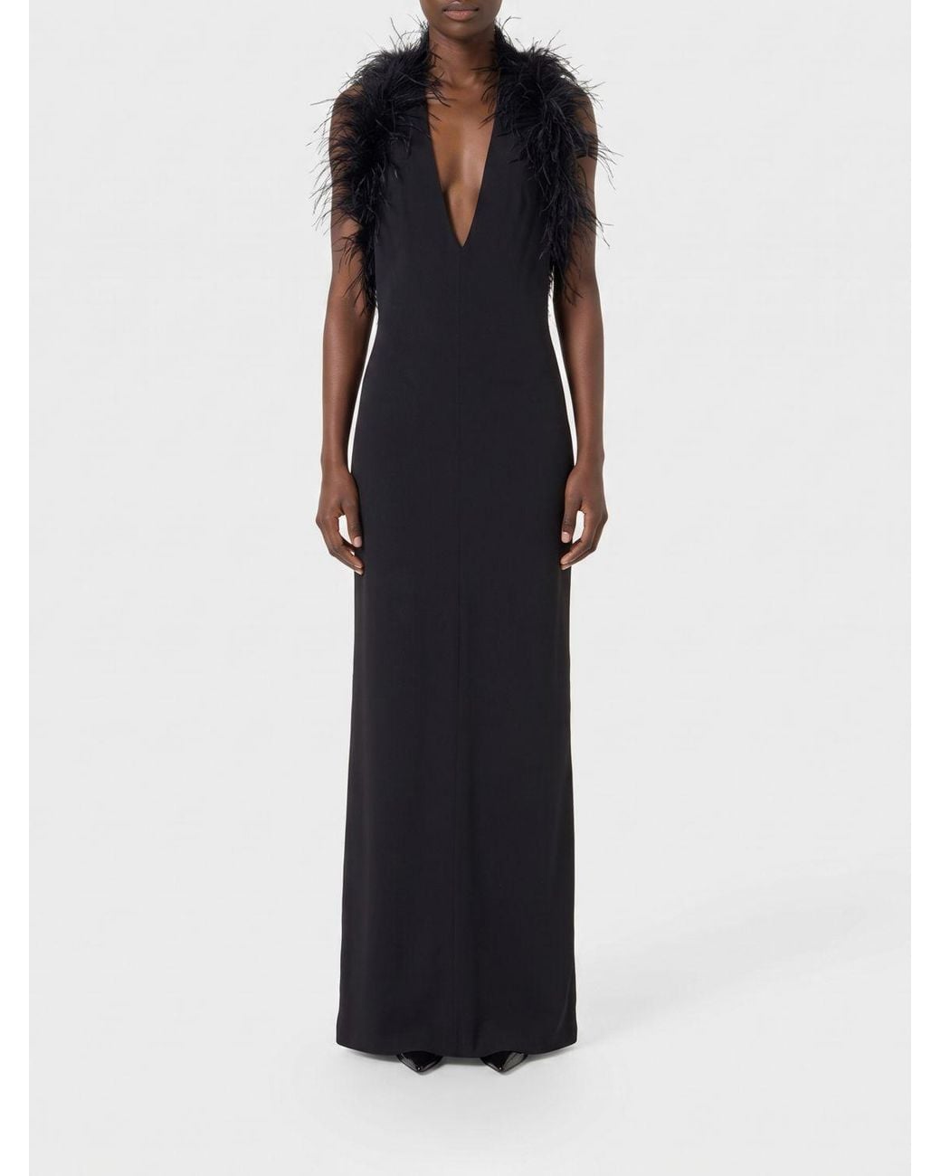 Blumarine Black Off-The-Shoulder Crêpe Evening Gown With Decorative Feathers