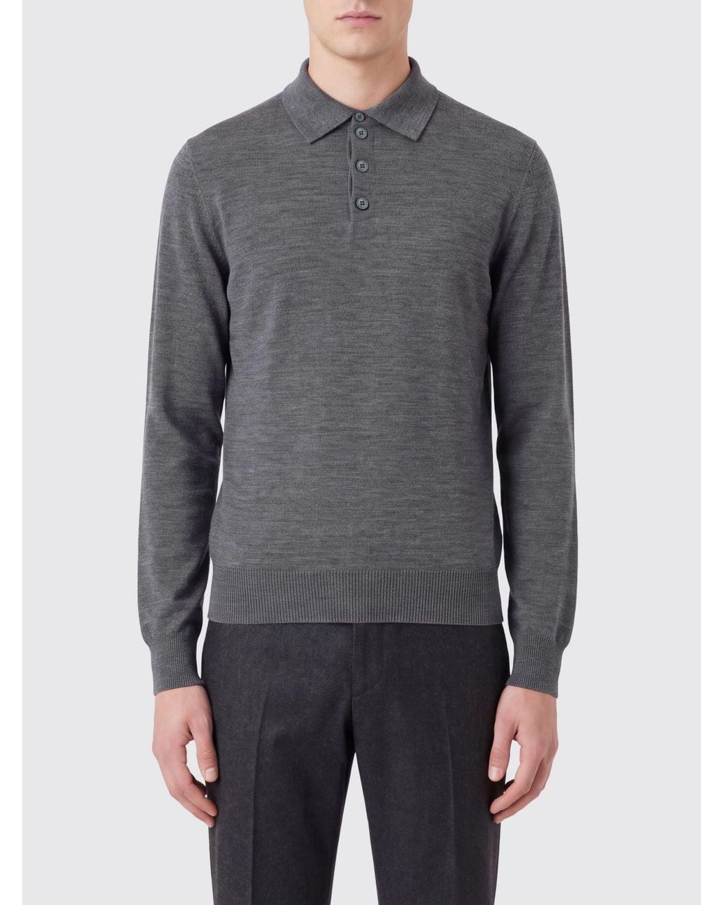 Emporio Armani Gray Long-Sleeved Virgin Wool Knit Polo Shirt With Three-Button Placket for men
