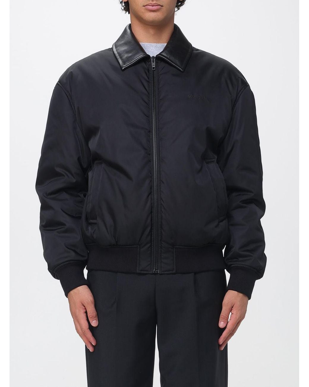 Balenciaga Blue Padded Nylon Bomber Jacket With Leather Collar for men
