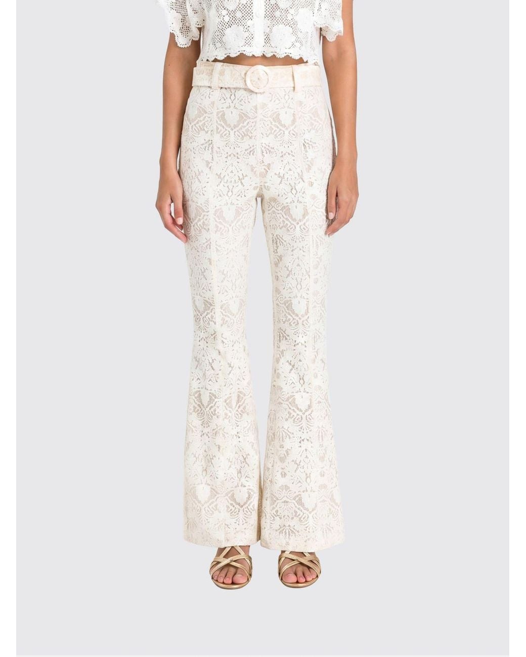 Twinset White High-Waisted Slim Fit Flared Lace Trousers