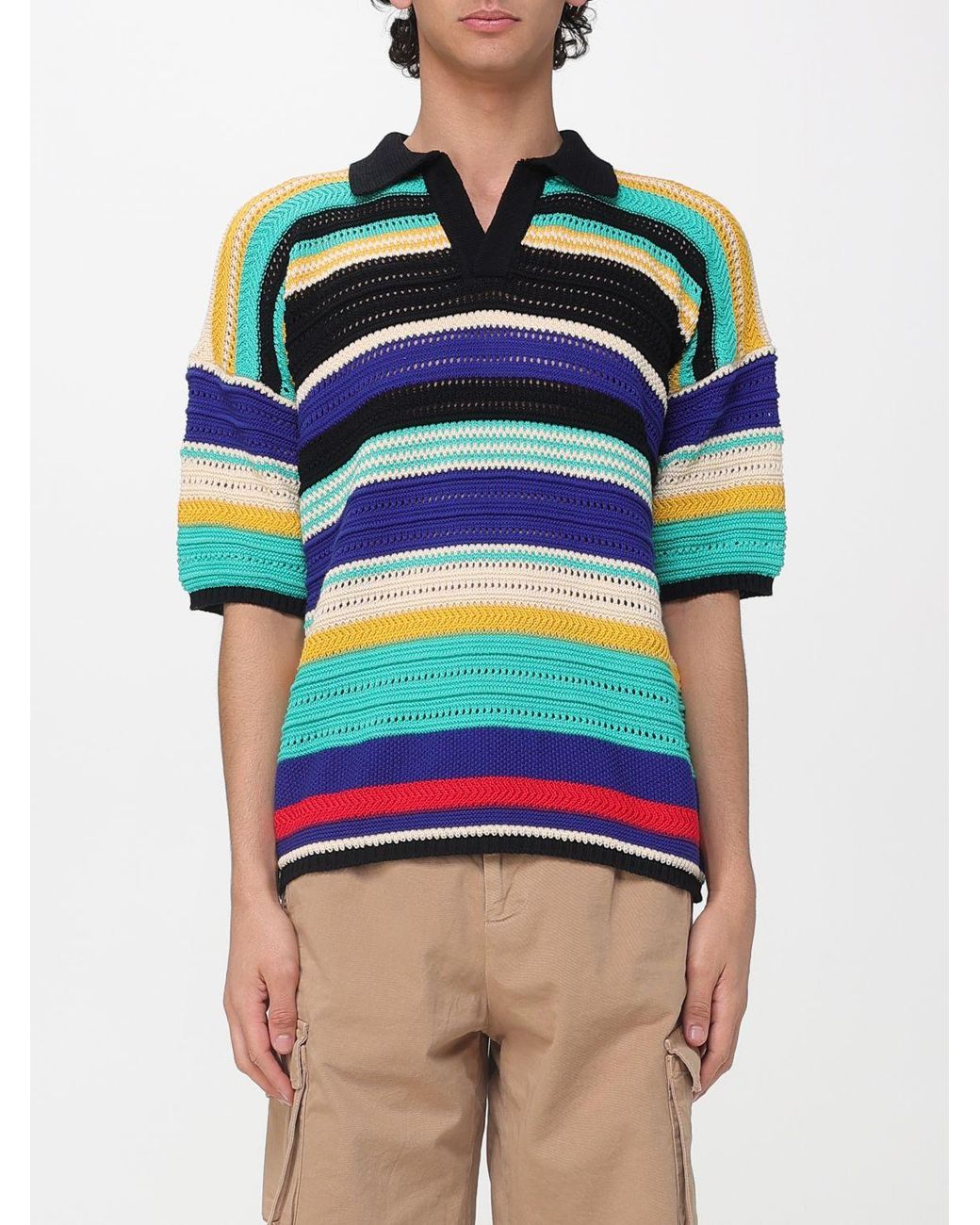 Laneus Blue Striped Interwoven Cotton Knit Polo Shirt for men