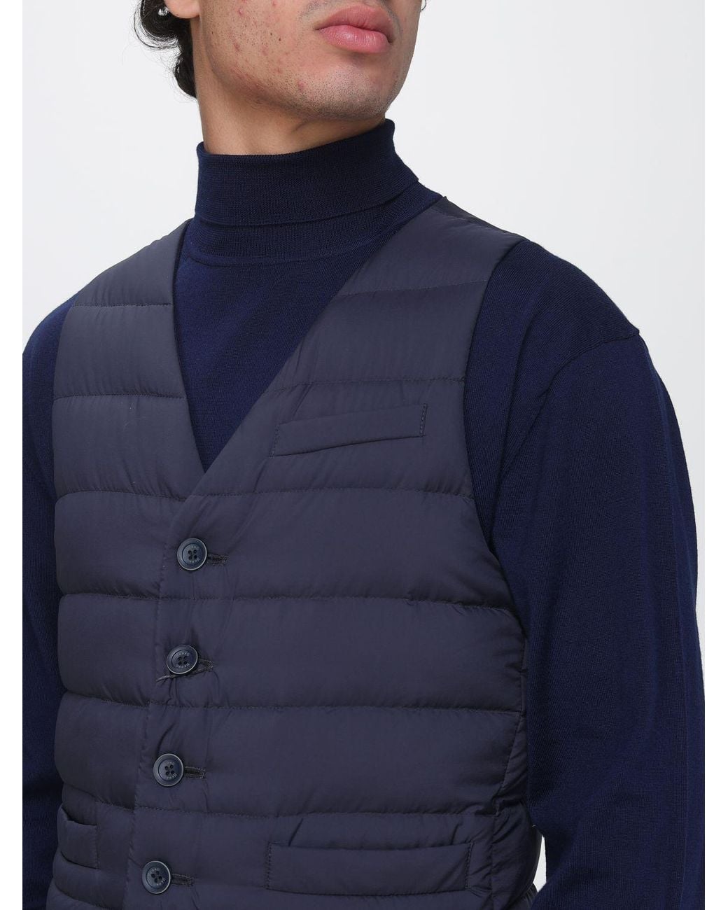 Herno Blue V-Neck Quilted Nylon Down Gilet With Button Closure for men