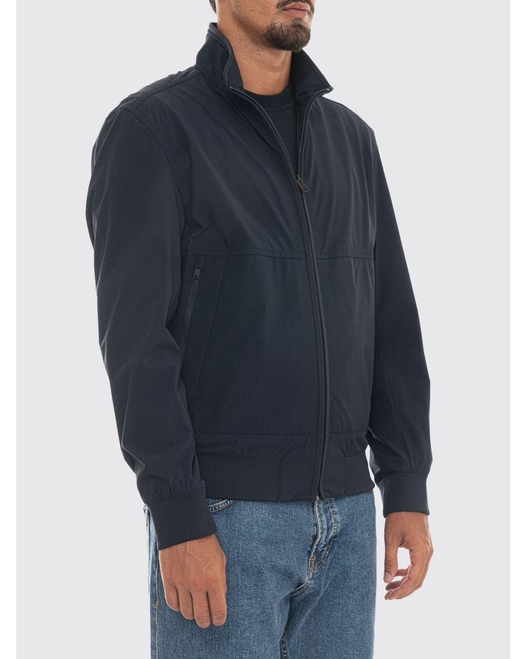 Boss Blue Water-Repellent Softshell Bomber Jacket With High Neck And Zip Closure for men