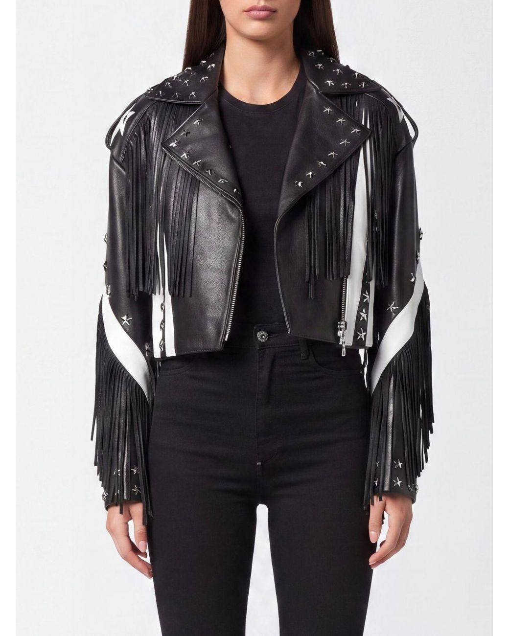 Philipp Plein Black Leather Biker Jacket With Fringes And Contrast Studs