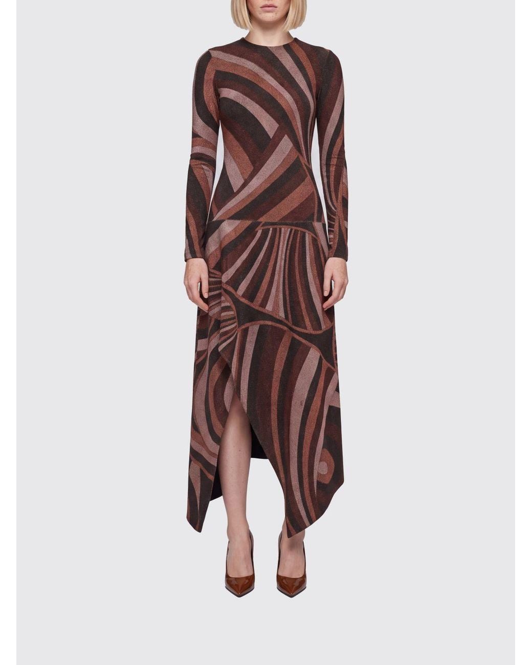 Emilio Pucci Red Iride Long-Sleeved Asymmetric Abstract Print Lurex Jersey Midi Dress