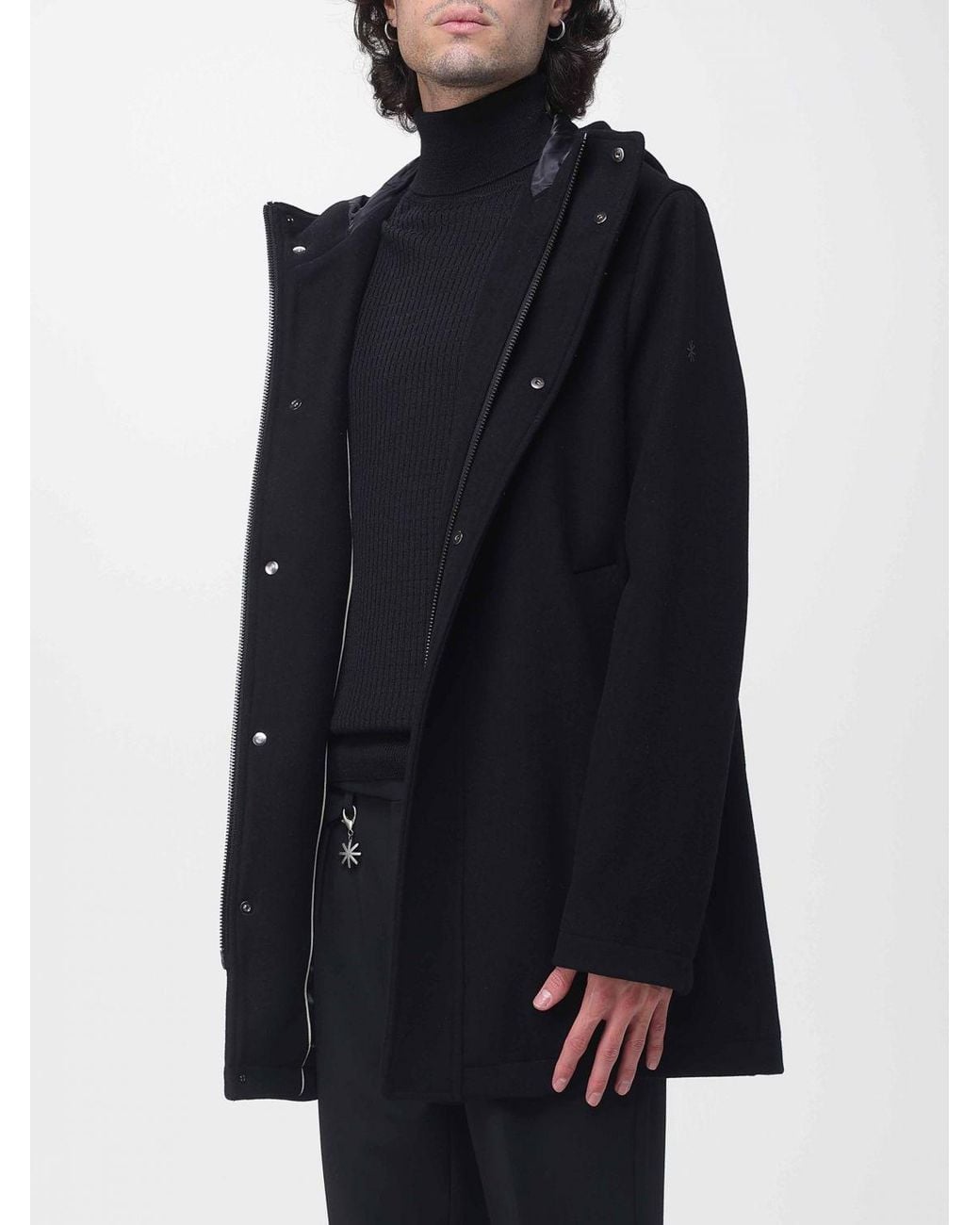 Manuel Ritz Blue Single-Breasted Wool Coat With Hood And Concealed Fastening for men