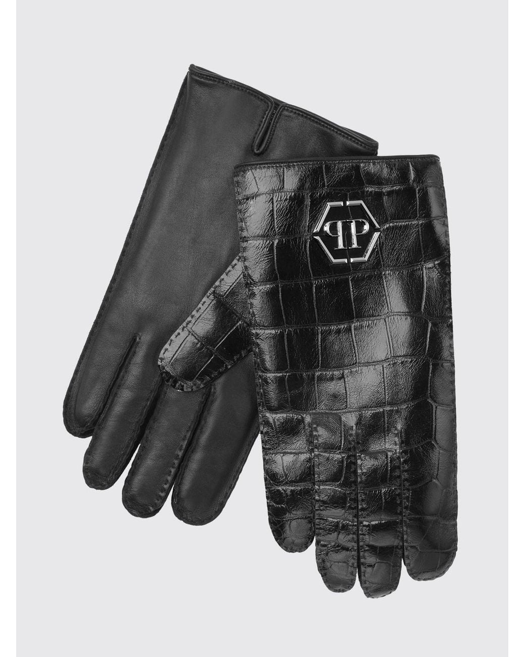 Philipp Plein Gray Crocodile-Effect Nappa Leather Gloves With Metal Hexagon Logo for men