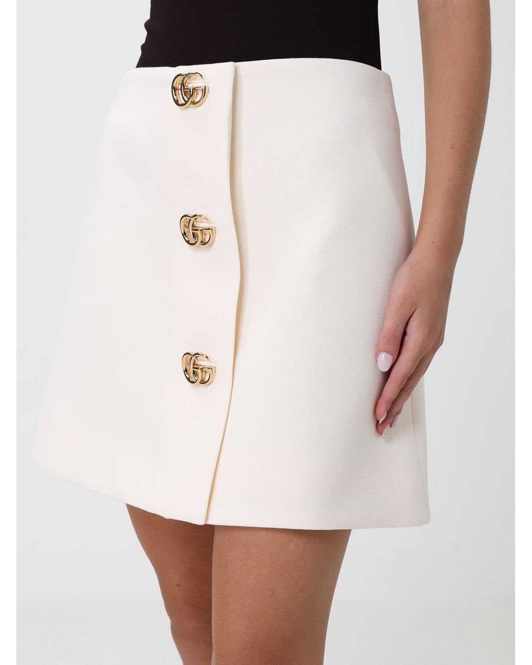 Gucci White High-Waisted Wool Mini Pencil Skirt With Logo Buttons