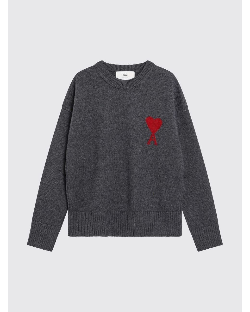 AMI Gray Jacquard Logo Wool Crewneck Jumper With Dropped Shoulders for men