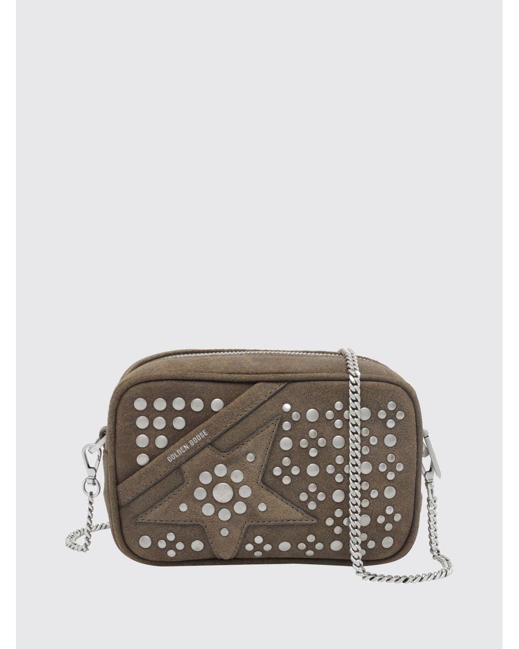 Golden Goose Deluxe Brand Gray Mini Star Suede Camera Bag With Studs And Chain Strap
