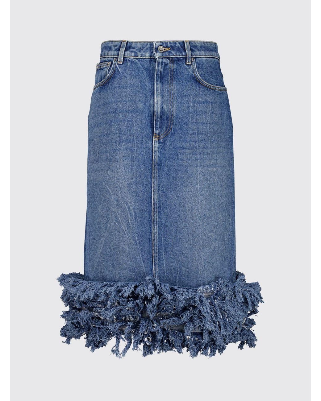 Rabanne Blue High-Waisted Cotton Denim Midi Skirt With Ruffles And Embroidery