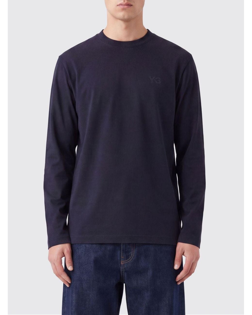 Y-3 Blue Crewneck Long-Sleeved Cotton T-Shirt With Tone-On-Tone Logo for men