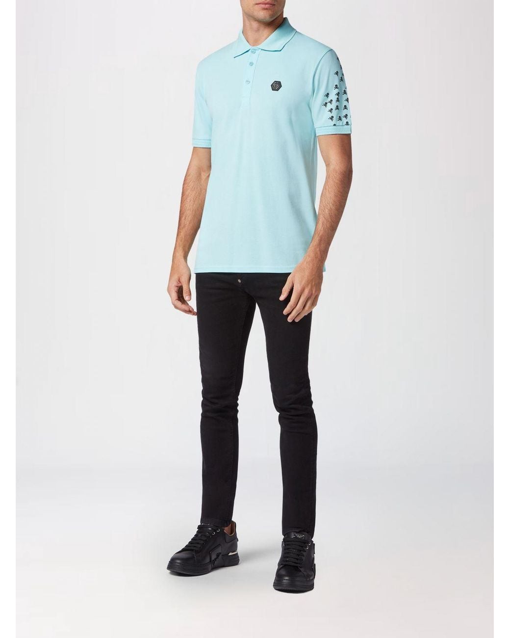 Philipp Plein Blue Cotton Polo Shirt With Skull Monogram Print And Hexagon Logo for men