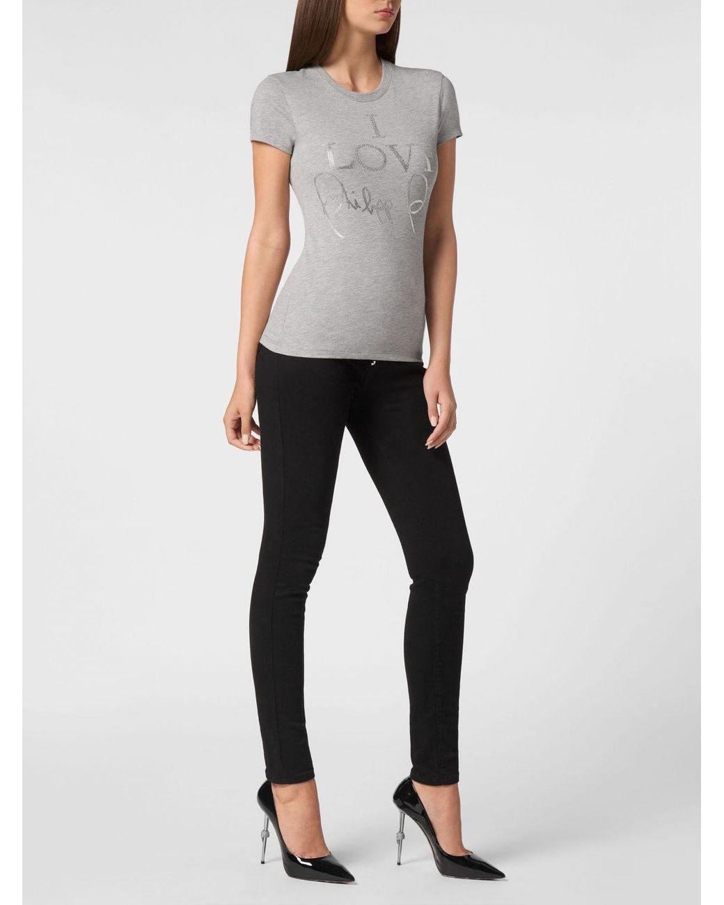Philipp Plein Gray Jersey T-Shirt With Slogan Print And Rhinestone Embellishments