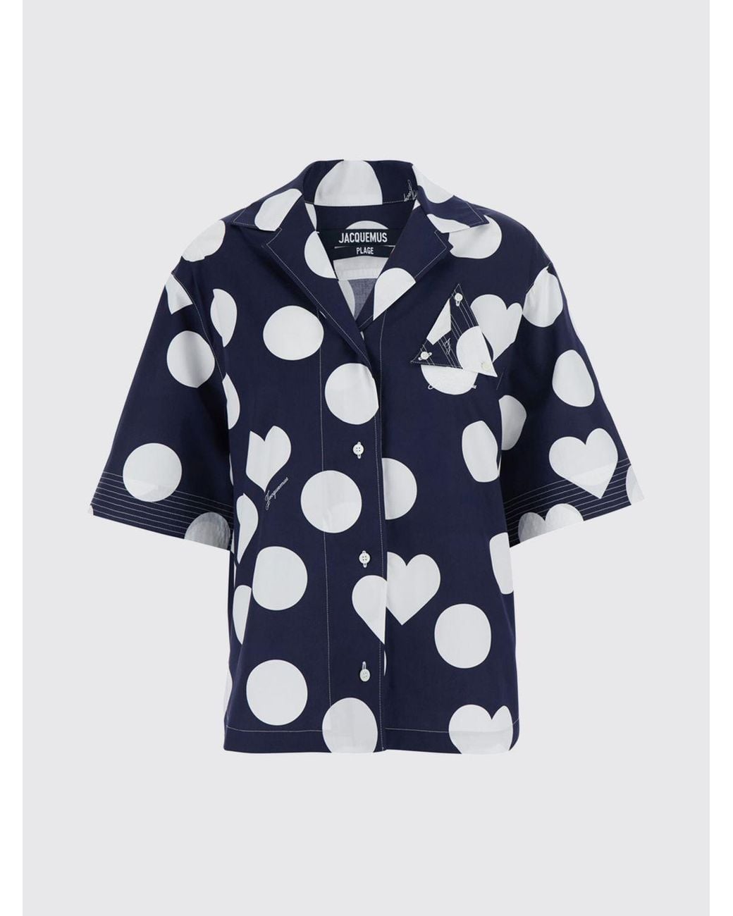 Jacquemus Blue Marin Short-Sleeved Cotton Shirt With Heart Print
