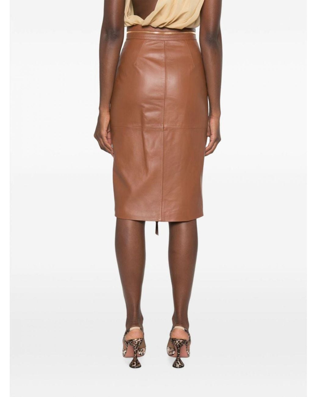 Elisabetta Franchi Natural Lambskin Leather Midi Pencil Skirt With Two-Way Zipper