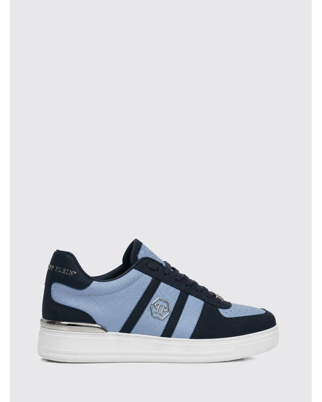 Philipp Plein Blue Low-Top Leather Trainers With Hexagon Logo And Round Toe for men