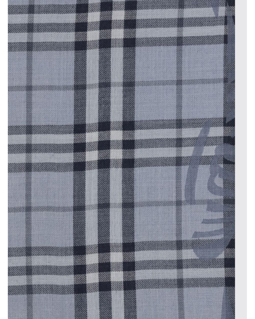 Burberry Blue Check Wool And Silk-Blend Scarf With Fringed Edges