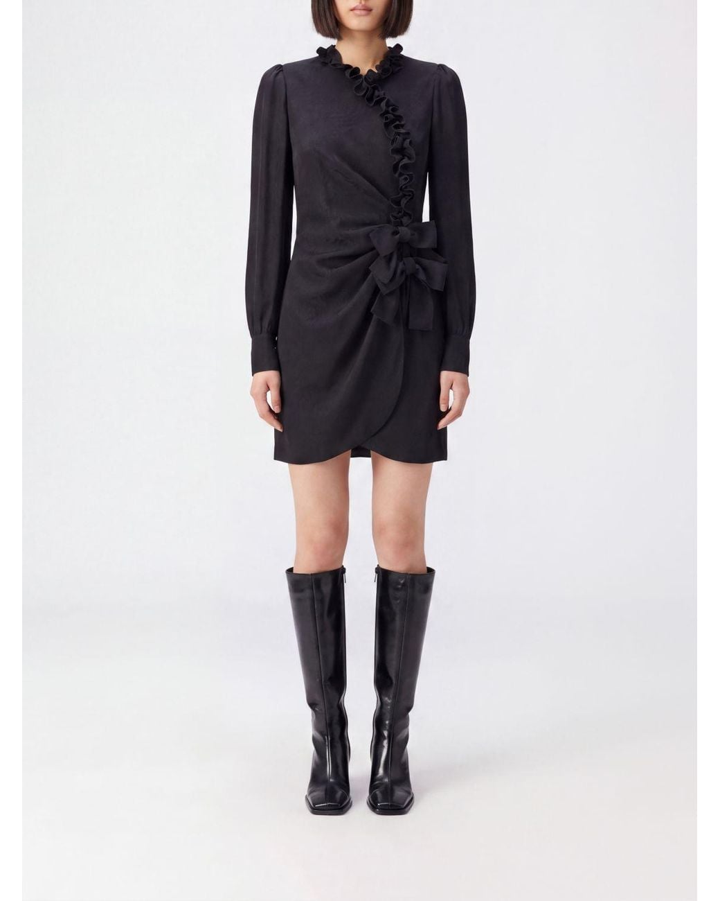 Alessandra Rich Black Pure Silk Wrap Mini Dress With Rouches Collar